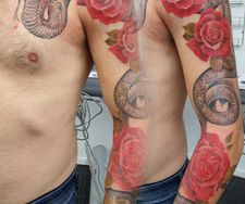 fullsleeve tattoosleeve roses snake manchestertattoo redrose