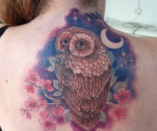 colour owl back piece tattoo flowers coverup manchester