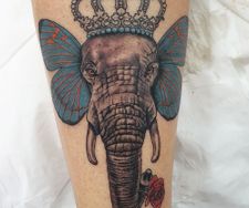 elephant butterfly realism crown nature portrait leg tattoo