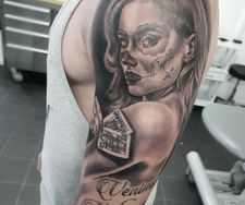 full sleeve tattoo black grey day of the dead female portrait manchest
