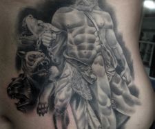 hades cerberus dog greek god mythology tattoo sculpture rib piece manc