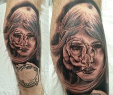leg sleeve tattoo portrait female face realistic custom rose dollar ma