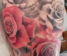 leg sleeve tattoo rose pink roses black grey realism